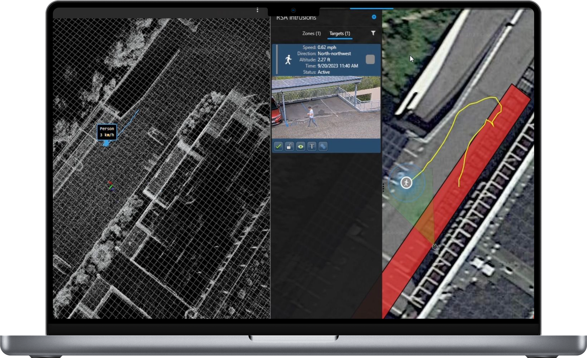 Computer showing how LiDAR and cameras work together to track people and objects intruding a zone