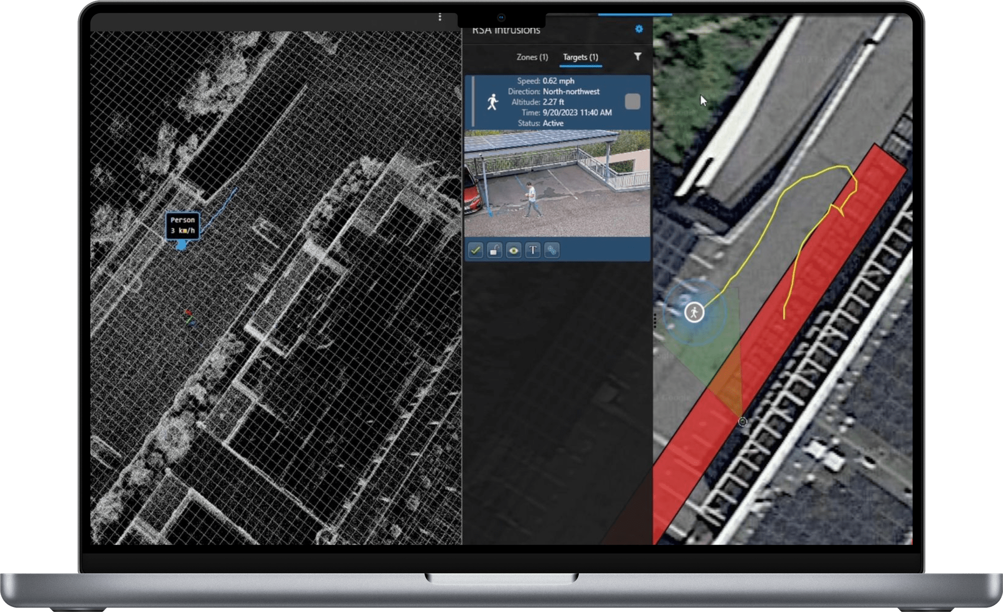 Computer showing how LiDAR and cameras work together to track people and objects intruding a zone