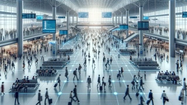Busy airport terminal with crowd of people perfect for lidar technology 