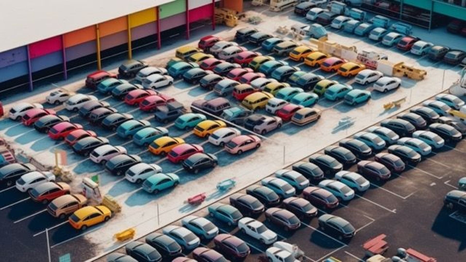 Smart parking lot with colorful cars, monitored for enhanced safety and efficiency