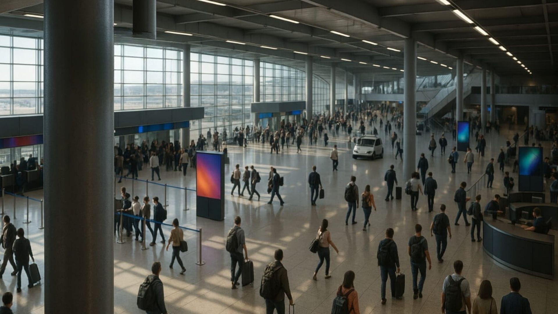 Busy airport terminal with passengers walking, queuing, and interacting under bright natural light.