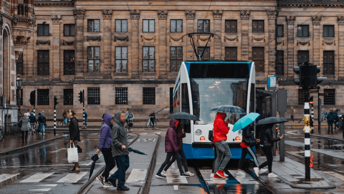 Smart city with public transportation and pedestrian crosswalk perfect for ITS smart city lidar applications