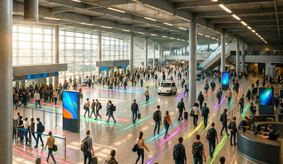 Busy airport terminal with passengers walking, queuing, and interacting under bright natural light.