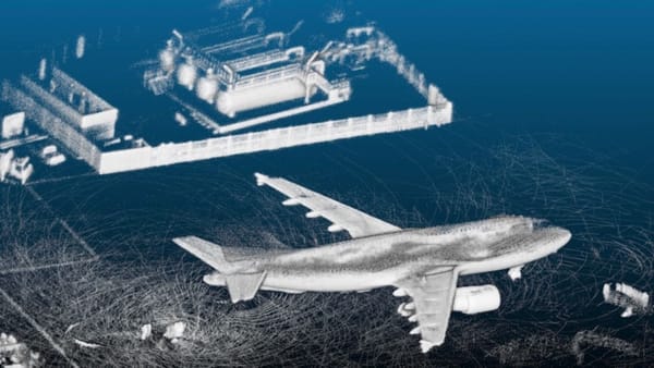 LiDAR scan of secure parked aircraft, ensuring safety through advanced surveillance